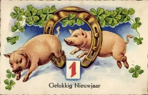 Ak Glückwunsch Neujahr, Schweine, Hufeisen, Glücksklee