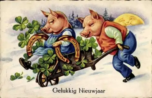 Ak Glückwunsch Neujahr, Schweine, Hufeisen, Glücksklee, Schubkarre