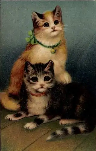 Präge Ak Zwei Katzen, Gemaltes Bild, Glocke, Schleife