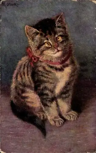 Künstler Ak Katze mit roter Schleife, Gemaltes Porträt