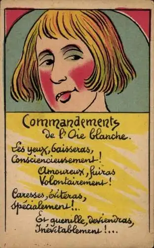 Ak Kind, Gemaltes Porträt, Gedicht Commandements de l'Oie blanche
