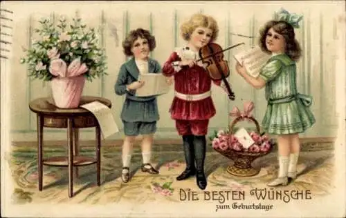 Präge Ak Glückwunsch Geburtstag, Blumen, Kinder beim Musizieren