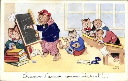 Künstler Ak Katzen in der Schule, Chacun s'amute comme il peut