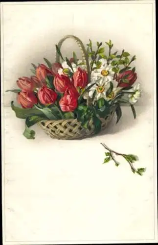 Künstler Ak Weidenkorb mit Blumen, Tulpen