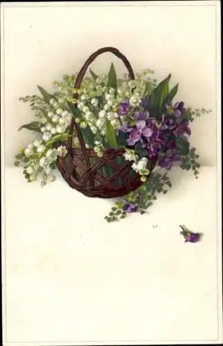 Künstler Ak Weidenkorb mit Blumen, Flieder, Maiglöckchen