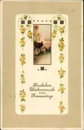 Passepartout Ak Glückwunsch Namenstag, Dorfidyll