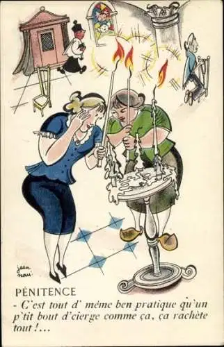 Künstler Ak Nau, Jean, Penitence, Frauen in der Kirche, Humor