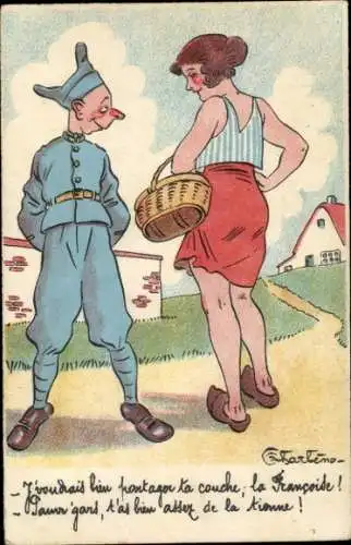 Künstler Ak Junge Frau und Soldat in Uniform, Paar