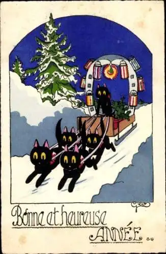 Künstler Ak Geo, Fröhliches Neujahr, schwarze Katzen ziehen einen Schlitten, Hufeisen