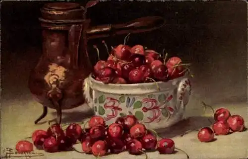 Künstler Ak Früchte, Gemüse, Schale, Kirschen