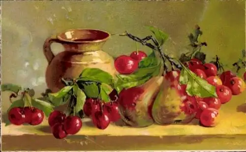 Ak Krug Birne und Kirschen, Früchte, Obst