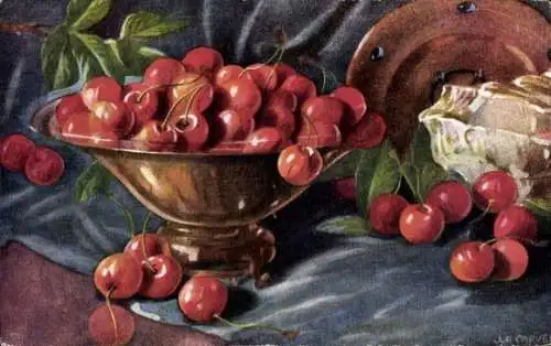 Künstler Ak Carve, Stillleben, Kirschen