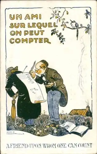 Künstler Ak Mann schreibt eine Liste, Mann mit Regenschirm, Humor