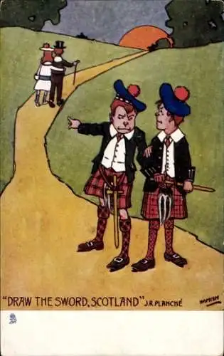 Künstler Ak Kinder in schottischer Tracht, Schwert, Liebespaar