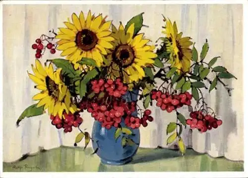 Künstler Ak Regele, Rolf, Sonnenrosen mit Vogelbeeren