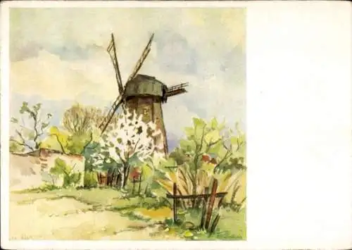 Künstler Ak Kallista, Windmühle, Wiese