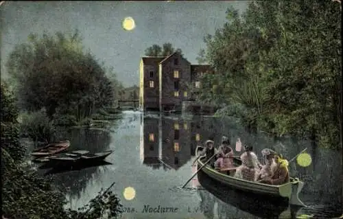 Mondschein Ak Menschen im Ruderboot, Nacht, Teich, Gebäude