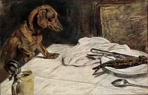 Künstler Ak Greve, F., Leckerbissen, Hund auf dem Tisch, Gebratener Fisch