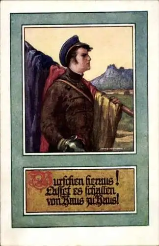 Künstler Ak Burschen heraus, Junger Mann mit Fahne