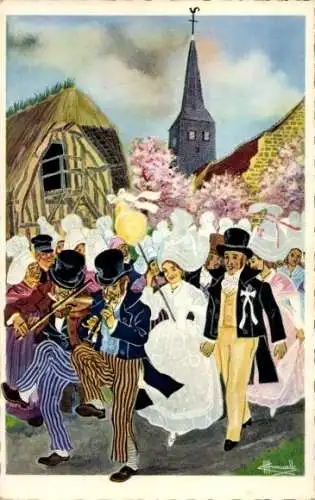 Künstler Ak Normandie, Hochzeit, Menschen in Volkstrachten, Musiker
