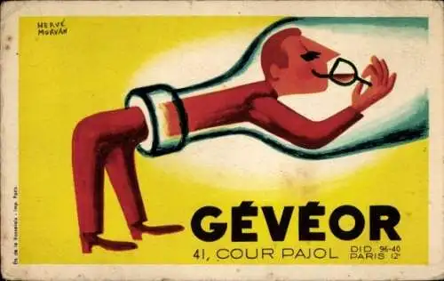 Ak Paris I Louvre, Mann in einer Weinflasche, der aus einem Weinglas trinkt. Schriftzug: Geveor