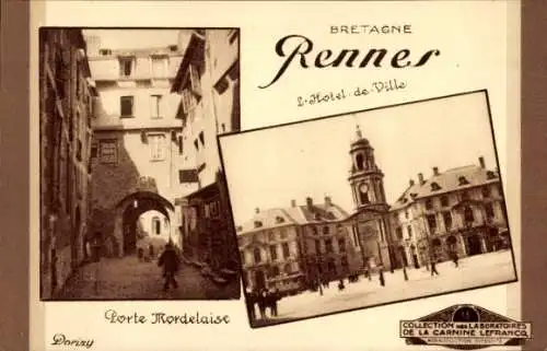 Ak Rennes Ille et Vilaine, Hotel de Ville, Porte Mordelaise, Laboratoires de la Carnine Lefrancq