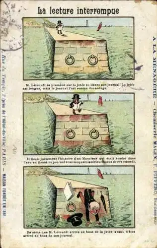 Ak Paris I Louvre, M. Létourdi liest Zeitung auf einer Mole und fällt ins Wasser.