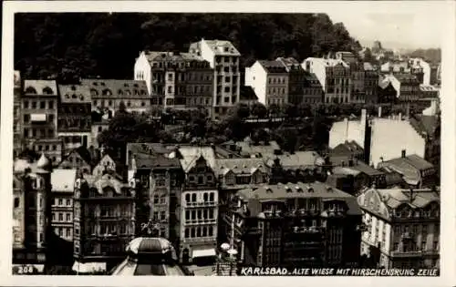 Ak Karlovy Vary Karlsbad Stadt, Vorderansicht der Alten Wiese in  Hügel, mehrere Gebäude