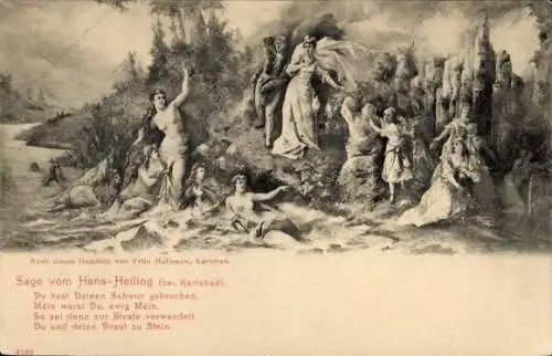 Ak Karlovy Vary Karlsbad Stadt, Gemälde von Frits Hofmann, Sage vom Hans-Heiling, Figuren am W...
