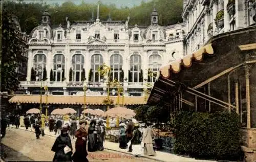 Ak Karlovy Vary Karlsbad Stadt, Café Pupp, Architektur, promenierende Menschen, historische Sz...