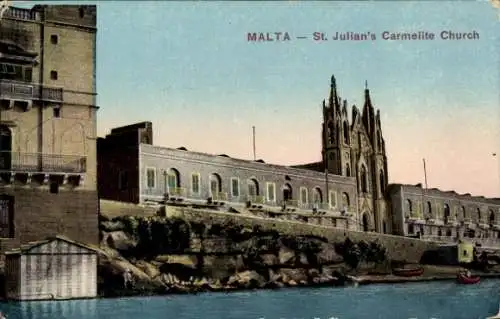 Ak Sliema Malta, St. Julian's Carmelite Church, Wasserfront, maltesische Architektur
