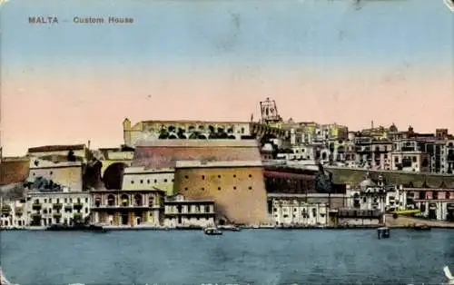 Ak Valletta Malta, Hafenansicht, Custom House, Wasser, Häuser, Himmel in Pastellfarben