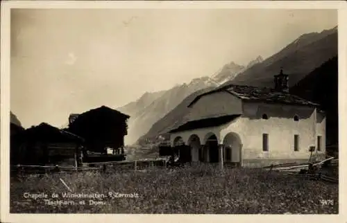 Ak Winkelmatten Zermatt Kanton Wallis Schweiz, Kapelle von Winkelmatten, Taschhorn und Dom, Be...