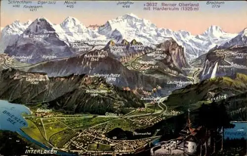 Ak Interlaken Kanton Bern Schweiz, Kartenansicht der Berge, Berner Oberland, Harderkulm, Grind...