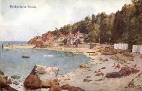 Ak Babbacombe Torquay Devon England, Strandansicht, Boote, Häuser, Felsen, Urlauber