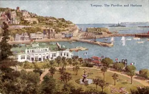 Ak Torquay Devon England, Pavilion und Hafen, malerische Landschaft, Boote im Wasser, Park mit...