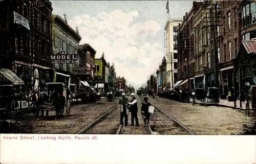 Ak Peoria Illinois USA, Adams Street, Blick nach Norden, historische Straßenansicht, Menschen ...