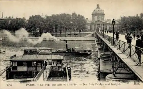 Ak Paris I Louvre, Le Pont des Arts, Institut, Dampfschiff, Bäume, Brücke, Fluss