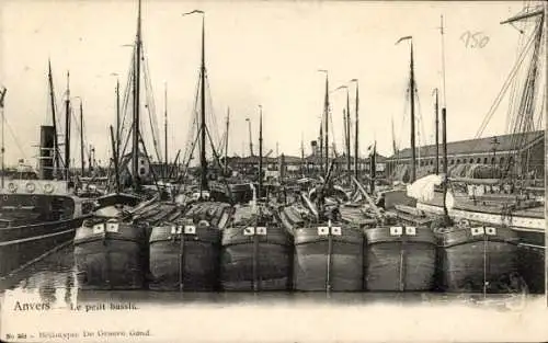 Ak Anvers Antwerpen Flandern, Hafen mit vielen Booten, zahlreiche Mastanlagen, Speichergebäude