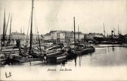 Ak Anvers Antwerpen Flandern, Schiffe im Hafen, schwarz-weiß, Docks von Antwerpen