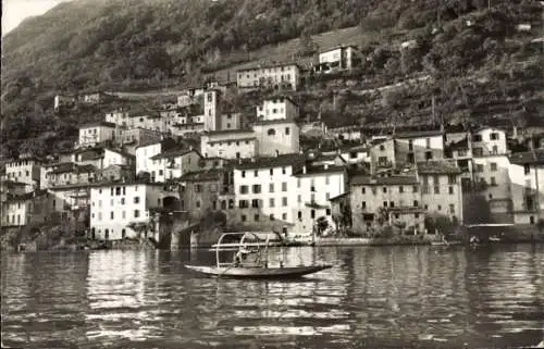 Ak Gandria Lago di Lugano Tessin Schweiz, Idylle am Wasser, Schiffe, bewaldete Berge, historis...