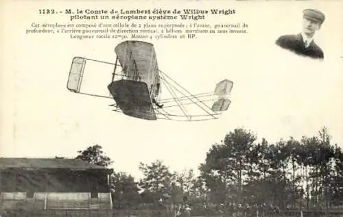Ak M. le Comte de Lambert eleve de Wilbur Wright, Aeroplane, Biplan