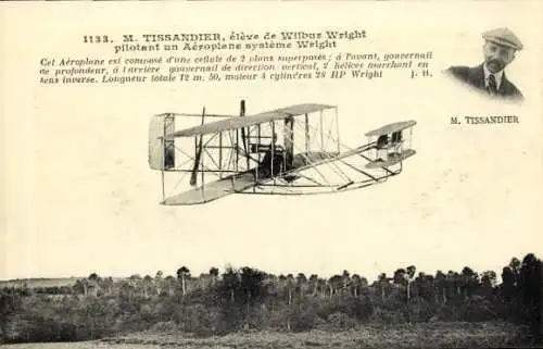 Ak Tissander, élève de Wilbur Wright pilotant un aéroplane système Wright