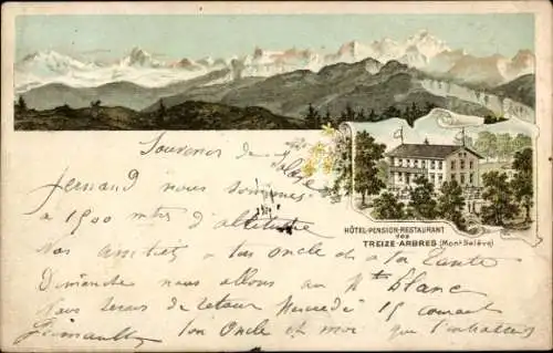 Litho Monnetier Mornex Haute Savoie, Les 13 Arbres, Hotel Restaurant des Treize Arbres, Mont Saleve