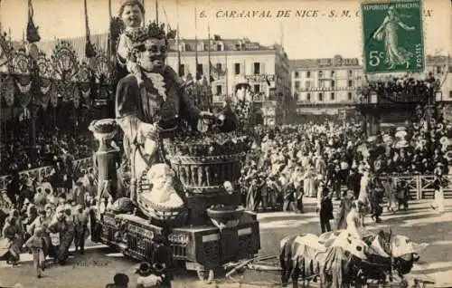 Ak Nice Nizza Alpes Maritimes, Karneval von Nizza, menschliche Figuren, Festwagen, Menschenmenge