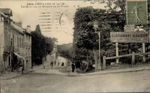 Ak Chelles Seine et Marne, Straße am Quai der Marne, Gebäude, Gaslaterne, Restaurant Malidor