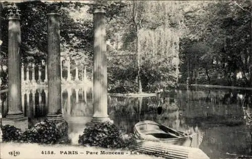 Ak Paris XVII Batignolles Monceau, Parc Monceau, Säulen, Wasser, Boot