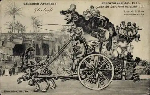 Ak Nice Nizza Alpes Maritimes, Karneval in Nice 1908, Wagen des Satyrs, kunstvolles Design