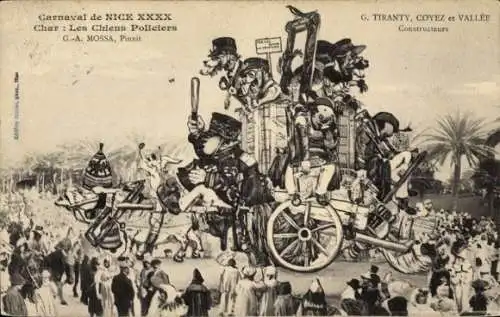 Ak Nice Nizza Alpes Maritimes, Karneval, Hundewagen, karikaturistische Darstellung, Festlichkeite