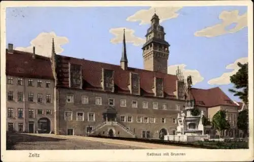 Ak Zeitz im Burgenlandkreis, Rathaus mit Brunnen,  Architektur, wiederhergestellt, farbige Darste